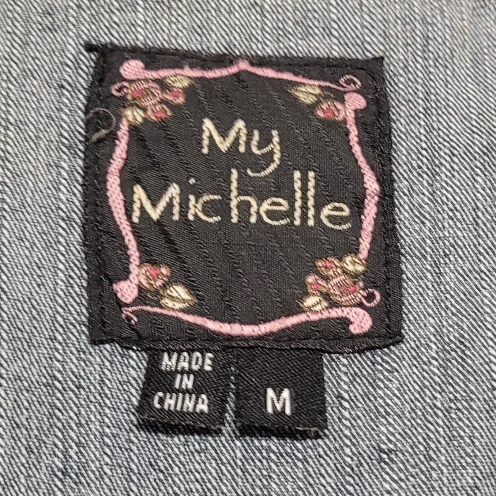 90s Vintage My Michelle Mid-Wash Blue Stretch Denim Red Floral Embroidery Jacket - Picture 9 of 10